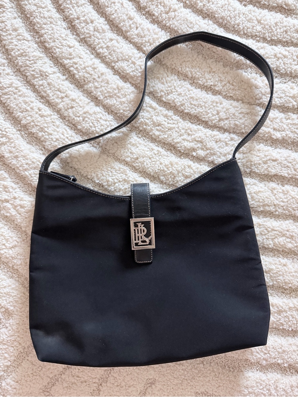 Lauren Ralph Lauren Black Shoulder Bag with Silver Logo Plaque 23.5” strap